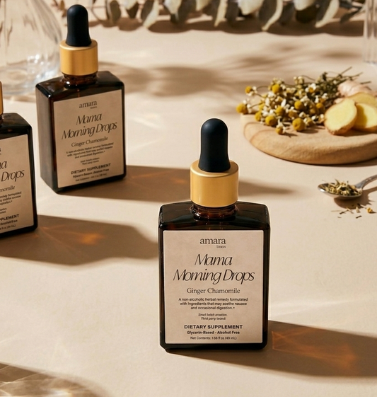 Amara Mama Morning Drops dietary supplement bottles on a neutral background with natural light.